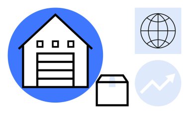 Garaj kapısı, kargo kutusu, küre ve büyümeyi simgeleyen yukarı doğru ok olan bir depo. Lojistik, e-ticaret, tedarik zinciri, küresel ticaret büyümesi envanteri ve gelişimi için idealdir. Basit.