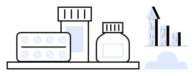 Haplar, raftaki ilaç şişeleri, büyümeyi simgeleyen yukarı doğru ok çizelgesi. Sağlık, ilaç, tıbbi araştırma, satış analizi, iş büyümesi, sağlık pazarlaması için ideal