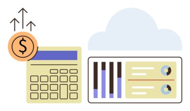 Analitik gösterge paneli ve bulutun yanında dolar bozuk para ve yukarı doğru oklarla hesap makinesi. Finans, büyüme, teknoloji, veri analizi, yatırım, bulut hesaplama, dijital iş için ideal. Basit düz