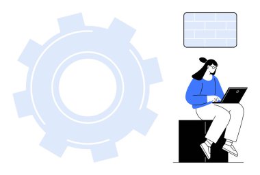 Geniş dişli bir dizüstü bilgisayar ve tuğla duvar elementinin yanında oturan kadın, teknoloji, verimlilik, işbirliği, yenilik, iş akışı optimizasyonu, yaratıcılık ve planlamayı sembolize ediyor