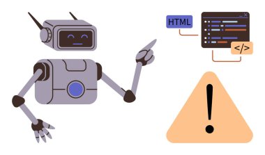 Robot pointing at a programming panel with coding lines and HTML tag alongside a warning sign. Ideal for programming, AI, technology, debugging, coding education, error detection, automation clipart svg vector 