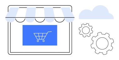 Alışveriş arabası simgesiyle dijital mağaza önü, işlevselliği ve ayarları temsil eden vitesler, çevrimiçi sistemleri tasvir eden bulut. E-ticaret, SaaS, dijital dönüşüm, yenilik, teknolojik çözümler, bulut