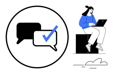 Kontrol işaretli konuşma baloncukları ve dizüstü bilgisayar kullanan bireyler iletişim, mesajlaşma ve çevrimiçi bağlantıyı temsil ediyor. Takım çalışması, geri bildirim, onay, işbirliği, uzaktan çalışma, dijital