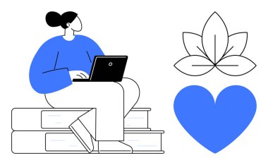 Dizüstü bilgisayar kullanan bir kadın yanında mavi bir kalp ve nilüfer çiçeği sembolü olan kitapların üzerinde oturuyor. Eğitim, iş-yaşam dengesi, refah, öğrenim, öz-bakım, üretkenlik, basit iniş için ideal