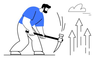 Kazma kullanan bir adam, hedefleri ya da ilerlemeyi belirten oklar, doğa gibi bulutlar. Azim, büyüme, başarı, kararlılık, sıkı çalışma, başarı için ideal