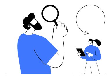 Elinde büyüteç tutan adam ayrıntıları incelerken, elinde tableti olan bir kadın diyaloğa katılıyor. Araştırma, takım çalışması, iletişim, analiz, eğitim, işbirliği, basit iniş sayfası için ideal