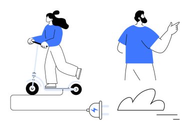Elektrikli scooterla gezen biri, bir figür üzerinde, şarj prizi ve buluta bağlı. Çevre taşımacılığı, temiz enerji, kentsel hareketlilik, sürdürülebilirlik, teknoloji, modern