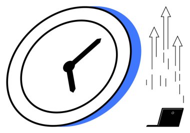 Zaman yönetimi öneren saat, teknolojiyi sembolize eden dizüstü bilgisayar, büyümeyi, yeniliği ve verimliliği temsil eden yukarı doğru oklar. Üretkenlik, iş hayatı dengesi, teslim tarihleri, ilerleme işleri için ideal