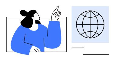 Küresel iletişimi, işbirliğini, eğitimi, çeşitliliği, ilerlemeyi, keşfi vurgulayan küreye doğru hareket eden kişi. Eğitim, takım çalışması, küreselleşme ağ teknolojisi için ideal