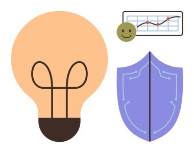 Yaratıcılık için ampul, veri güvenliği için mor kalkan, pozitif büyüme için mutlu bir yüz çizelgesi. Yenilik, teknoloji, ticari ilerleme, veri analizi, siber güvenlik, koruma için ideal
