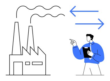 Bacalı bir fabrika duman yayıyor, profesyonel bir pano iş akışını gösteren okları gösteriyor. Sanayi, üretim, süreç yönetimi, üretkenlik, verimlilik ve takım için ideal