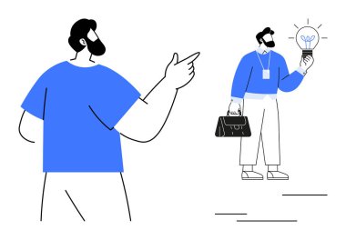 İki birey, biri işaret ediyor ve diğeri de parlayan bir ampul tutuyor. Modern düz tasarım. Takım çalışması, beyin fırtınası, yenilik, liderlik, işbirliği, eğitim başarısı için idealdir.