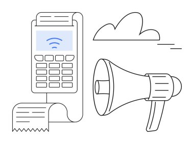 Kablosuz kart ödeme terminali, basılı makbuz, megafon ve bulut elemanları. Basit bir dairede pazarlama, finans, iletişim, e-ticaret, teknoloji, reklamlar ve hizmetler için ideal