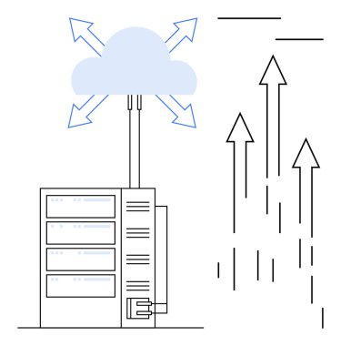 Veri transferini ve ağ ölçeklenebilirliğini sembolize eden yön okları olan bir buluta bağlı sunucu. Teknoloji, bilişim hizmetleri, bulut hesaplama, ağ oluşturma, veri depolama, dijital büyüme için ideal