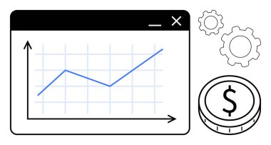 Grafik penceresinde yukarı doğru eğilimli çizgi grafiği, işlem için vites simgeleri, finans için dolar parası. İş analizi, strateji, planlama, performans, tahmin, teknoloji sade iniş için ideal