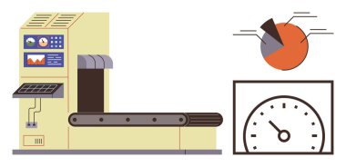 Kontrol paneli olan otomatik taşıma bandı veri analizi için pasta grafiği ve performans takibi için hız göstergesi. Üretim, izleme, verimlilik, lojistik ve teknoloji için ideal
