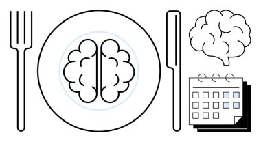 Çatal ve bıçaklı bir tabakta duran beyin bir takvimin yanında zihinsel sağlığı ve besinleri sembolize ediyor. Farkındalık, diyet, bilişsel uygunluk, zaman yönetimi, sağlık planlaması, zihinsel sağlık için ideal