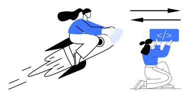 Rokete binen kadın gelişimi simgeliyor, yenilikçi elinde kod kartı ve yön okları tutuyor. Yenilik, gelişme, teknoloji, ilerleme, takım çalışması, başlangıç eğitimi için ideal basit iniş sayfası