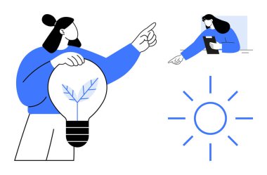 Elinde yaprak olan ampulü tutan bir kadın figürü, öne bakan daha küçük bir figür, parlayan güneşi not alır. Yenilik, yaratıcılık, büyüme, sürdürülebilirlik, takım çalışması, eğitim için ideal, basit