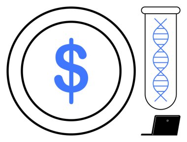 Test tüpünde ve laptopta DNA 'nın yanında dolar işareti olan büyük para. Bilim, biyoteknoloji, yatırım, sağlık, teknoloji, araştırma, tıp bilimi için ideal. Basit düz metaforu gösterir