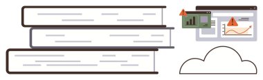 Uyarı ve veri analizlerini gösteren bulut ve dijital çizelgelerle eşleştirilmiş kitap yığını. Eğitim, teknoloji, dijital depolama, bilgi paylaşımı, veri yönetimi, kütüphane sistemleri için ideal