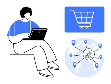 Bilgisayarda çalışan kişi, e-ticaret arabası sembolü, lojistik iğneli küresel harita bağlantıları gösteriyor. Çevrimiçi alışveriş, küresel ticaret, lojistik, tedarik zinciri, uluslararası iş, dijital