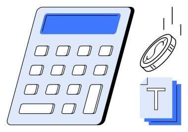 Dijital ekranı, düşen parası ve yığınla belgesi olan hesap makinesi. Finans, muhasebe, bütçe, gider takibi, vergi hazırlama, eğitim ve basit iniş sayfası için ideal
