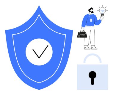 İşaretli kalkan, asma kilit ve elinde ampul tutan bir iş adamı. Güvenlik, yenilik, güven, veri güvenliği, gizlilik iş stratejisi siber güvenlik için idealdir. Basit düz metafor