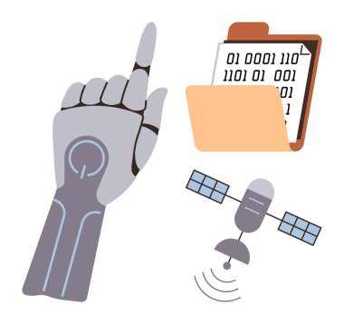 Yukarıya bakan robot el, ikili kod içeren klasör ve iletişim uydusu. Yapay zeka, robot bilimi, yenilik, kodlama, veri paylaşımı uzay teknolojisi konsepti için idealdir. A