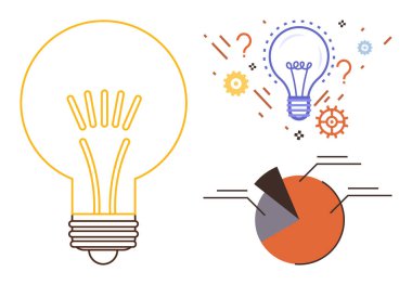 Ampul, çarklar, soru işaretleri ve pasta grafiğiyle çevrili fikirleri temsil eder. Yaratıcılık, beyin fırtınası, yenilik, analiz problem çözme stratejisi ve anlayış için idealdir. Basit.