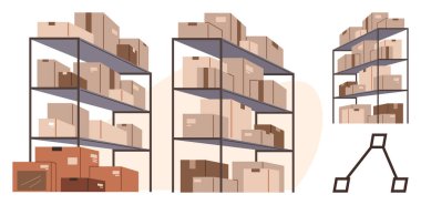 Depo rafları çeşitli büyüklükteki kutularla dolu. Depo, nakliye veya envanteri sembolize ediyor. El arabası rafların yanında. Lojistik, tedarik zinciri, depo yönetimi, organizasyon depolama için ideal