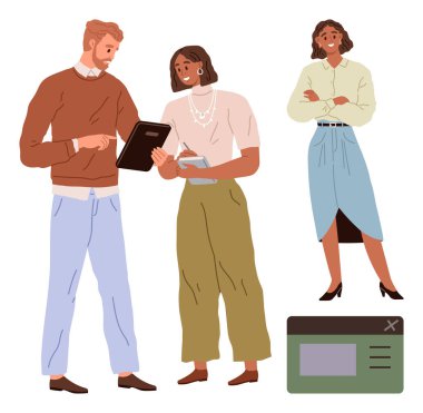 Bir tablet ve not defteriyle görevleri tartışan iki iş arkadaşı, yanında duran kendine güvenen bir meslektaşı ve basit bir uygulama arayüzü. Takım çalışması, işbirliği, iş, strateji, planlama için ideal