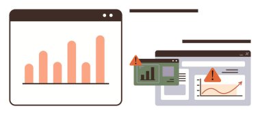 Sistem izleme için uyarı uyarılarıyla birlikte çubuk ve satır çizelgelerini gösteren dijital paneller. Teknoloji, analitik, hata işleme, performans izleme, veri yönetimi, risk değerlendirmesi için ideal