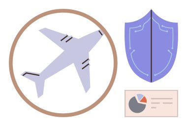 Çemberin içindeki uçak, korumayı simgeleyen kalkan ve veri haritası güvenlik, güvenlik ve veri güdümlü stratejileri vurguluyor. Seyahat, risk yönetimi, analiz, güvenlik havacılığı için ideal