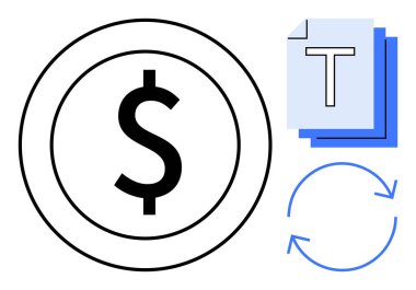 Yığınla belge ve dairesel oklarla çevrili büyük bir para. Finans, muhasebe, işlem, süreç, iş akışı, otomasyon ve verimlilik için ideal. Basit bir iniş sayfası için mükemmel