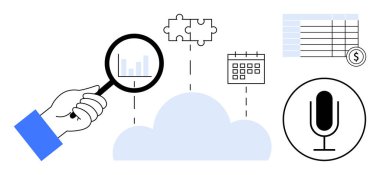 Yapboz, takvim, hesap çizelgesi ve mikrofonla birlikte buluttan çıkan el ele tutuşan büyüteç. Veri yönetimi, analitik, takım çalışması, iş planlaması ve bulut için ideal