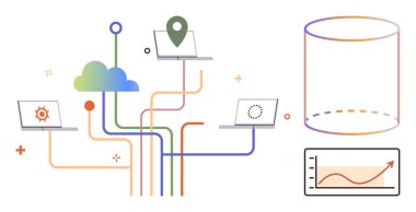 Laptoplar renkli çizgilerle bir buluta, merkezi veritabanına ve analizlerle çizelgeye bağlı. Veri yönetimi, bulut hesaplama, teknoloji, ağ oluşturma, işbirliği, analitik fütüristik