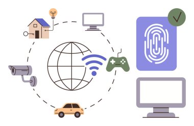 Küre, kablosuz ikon, akıllı ev, CCTV, araba, oyun kumandası, bilgisayar, parmak izi tarayıcısı gibi bağlantılı cihazlar. Teknoloji için ideal IoT bağlantı otomasyon güvenlik ağı