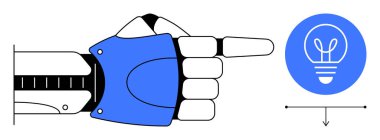 Mavi bir ampul ikonunu işaret eden bir parmağı olan robot el fikirleri simgeliyor. Teknoloji, yenilik, robot bilimi, yaratıcılık, yapay zeka, gelecek konsepti, basit iniş