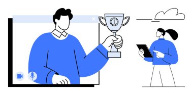 Tabletli bir kadının izlediği videodaki pencerede ödülü sunan adam. Takım çalışması, işbirliği, başarı, uzaktan çalışma, motivasyon, iletişim, basit iniş sayfası için ideal