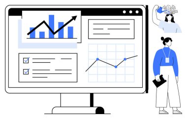 Yaratıcı fikirleri ve üretkenliği sembolize eden figürlerle birlikte grafik, grafik ve kontrol listelerini görüntüle. İş büyümesi, analitik, takım çalışması, yenilik, beyin fırtınası, başarı için ideal