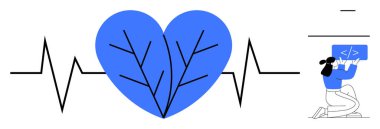 Damarları yukarı doğru uzanan mavi kalp, sağlık gözetimini temsil eden EKG çizgisi. Bir dizüstü bilgisayarda gösterilen kişi kodu. Sağlık teknolojisi, yenilik, bilim, sağlık, programlama, doğa için idealdir.