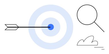 Mavi hedefin ok merkezi, hassasiyeti vurguluyor. Büyüteç ve bulut odaklanmayı, görüşü ve hedefleri iletir. Başarı, strateji, odaklanma, hedef belirleme hassasiyeti için ideal