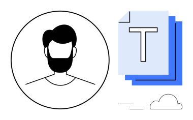 Metin doküman yığını, bulut ve satırların yanında bir daire oluşturan minimal kullanıcı profili avatarı. Kimlik, belge, yaratıcılık, bulut depolama, içerik oluşturma, kullanıcı yönetimi için ideal basit