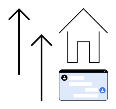 Evin yanındaki oklar ve sohbet pencereleri büyüme, ev ve dijital bağlantıyı gösteriyor. Gayrimenkul, iletişim, ağ, uzaktan çalışma, ilerleme, teknoloji sade iniş sayfası için ideal