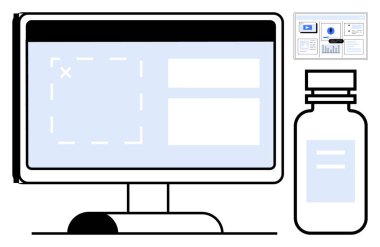 Bilgisayar arayüz düzeni, analitik gereçler ve ilaç şişesi sağlık hizmetlerinde yenilik öneriyor. Sağlık teknolojisi, dijital tasarım, veri analizi, yenilik, UIUX, ilaç