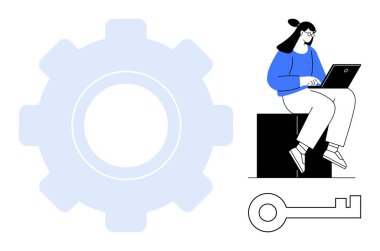 Bir blokta otururken dizüstü bilgisayarda yazan bir kadın. Yakınlarda büyük bir teçhizat ve anahtar var. Yenilik, takım çalışması, çözümler, teknoloji, geliştirme, erişim için ideal. Basit düz metafor