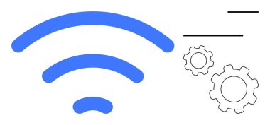 Mavi kablosuz sembol, ağ ayarlarını, entegrasyonu ve yenilikleri temsil eden iki birbirine bağlı dişlinin yanında. Teknoloji, bağlantı, kablosuz ağ, IOT, otomasyon için ideal