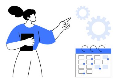 Elinde takvimle vites gösteren bir tablet tutan kadın. Üretkenlik, zaman yönetimi, takım çalışması, planlama, hedef planlama, iş akışı ve organizasyon için ideal. Basit düz metafor