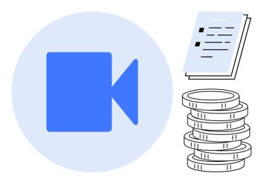 Mavi video kamera simgesi, istiflenmiş paralar ve belge yığını dijital medya, finans ve iş akışı işbirliğini temsil ediyor. Medya üretimi, çevrimiçi para, eğitim ve başlangıç finansmanı için ideal